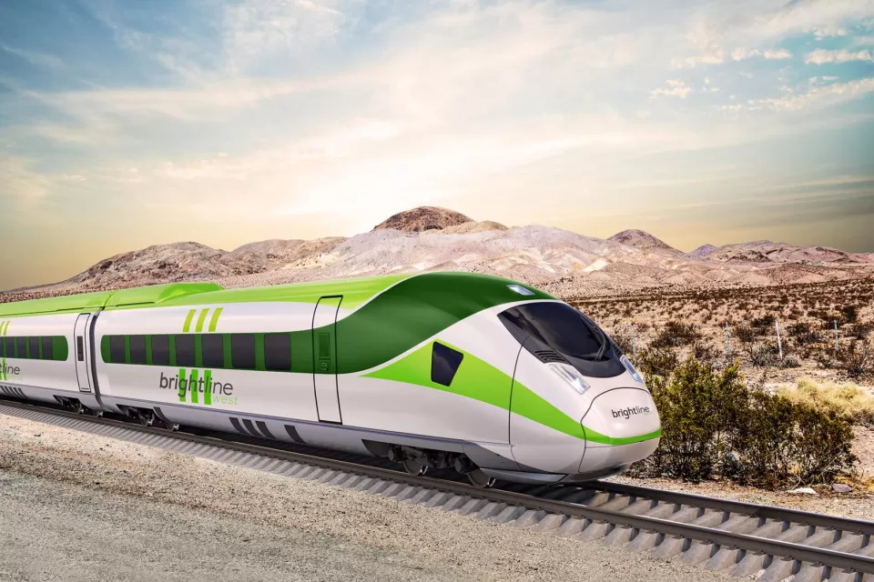 Rendering of Brightline West train passing through Southern California desert